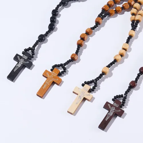 Vista 2 de Stuppendux Collar de rosario de cuentas de madera, cruz, crucifijo, oración católica, Jesús, para hombres y mujeres