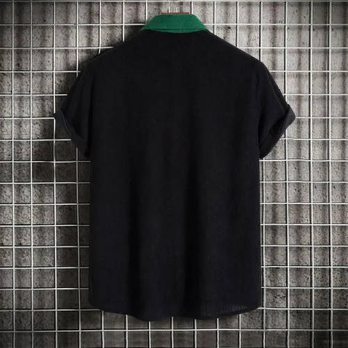 Vista 5 de Camiseta de manga corta con estampado de patchwork de lino y algodón para Hombre, blusa con botones bolsillo hawaiano