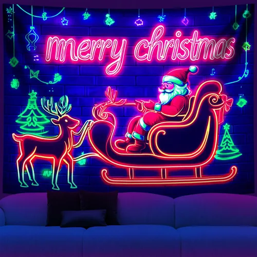 Vista 14 de NYZE - Tapiz de Navidad con Papá Noel, tapiz de luz negra que brilla en la oscuridad, colgante de pared, banner festivo, decoración para fiesta