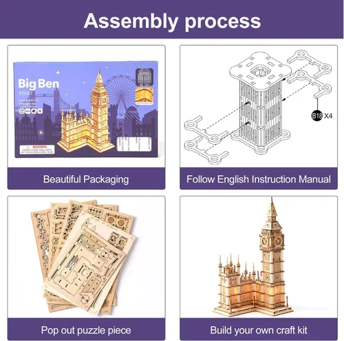 Vista 6 de ROBOTIME Rompecabezas 3D para adultos, kits de manualidades de madera para adolescentes, kit de modelo de construcción con luz LED para construir