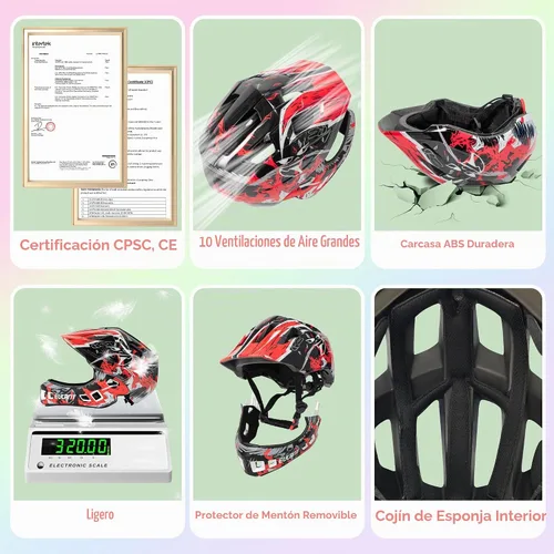 Vista 2 de Casco de cara completa para niños con protector de barbilla, casco de bicicleta para niñas y niños Casco de bicicleta desmontable de cara