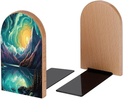 Vista 2 de Pintura, paisaje de montaña, lago, sujetalibros decorativos de madera para estantes, habitación de los niños, escritorio, oficina en casa, tapones