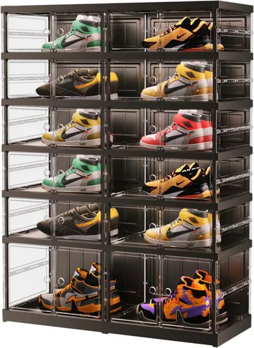 Vista 8 de EHAMILY - Organizador y almacenamiento de zapatos de 3 niveles, 6-12 pares, plegable, para armario, cajas de zapatos apilables de plástico
