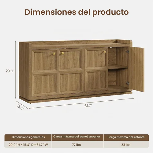 Vista 2 de SICOTAS Gabinete de buffet de 61.7 pulgadas, aparador de 4 puertas, cocina