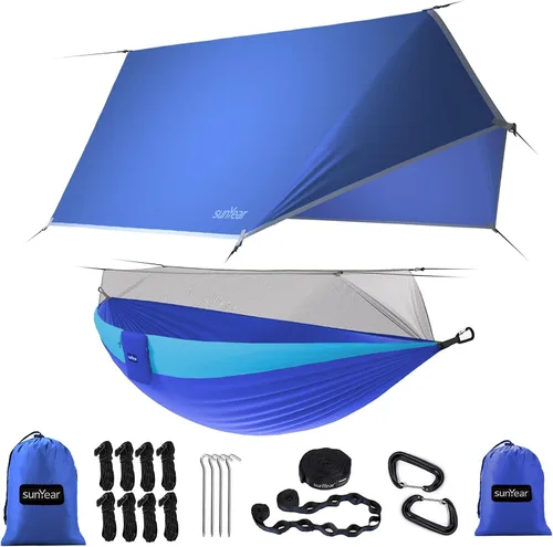 Vista 12 de Sunyear Hamaca de Camping, Hamaca Portátil Individual y Doble con Red, Tienda de Hamaca para 2 Personas con 2 Correas de 3 metros, Ideal para A