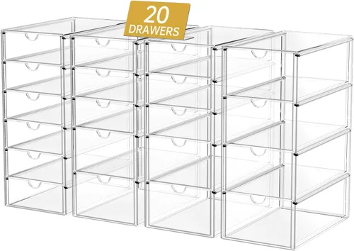 Vista 8 de Organizador de maquillaje acrílico con 20 cajones, juego de 4 cajones de almacenamiento transparentes, organizador de cajones de acrílico