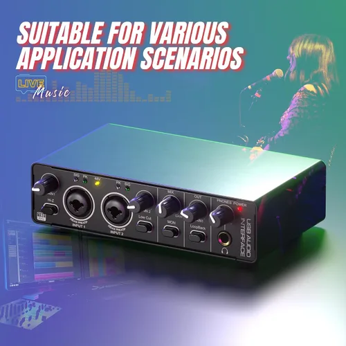 Vista 4 de Interfaz de audio USB 2X2 para PC Mac portátil, 24Bit 192kHz para grabación de computadora, guitarra, transmisión, podcasting, con alimentación
