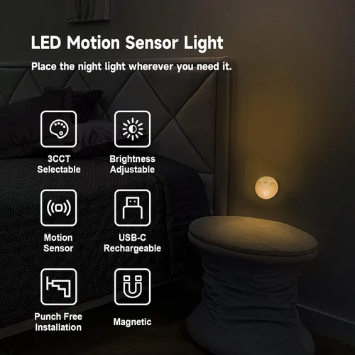 Vista 2 de Luz nocturna LED, luz de armario recargable, sensor de atardecer a amanecer, luz nocturna pequeña que se enciende y apaga automáticamente