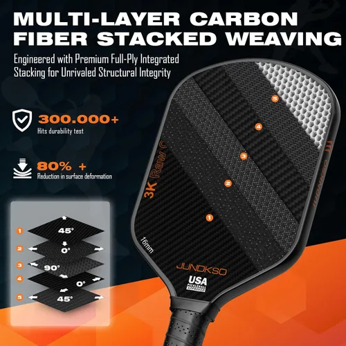 Vista 3 de Paletas profesionales de pickleball - T700 Raqueta de pepinillo de fibra de carbono - Superficie esmerilada de carbono crudo 3K para mejorar el giro
