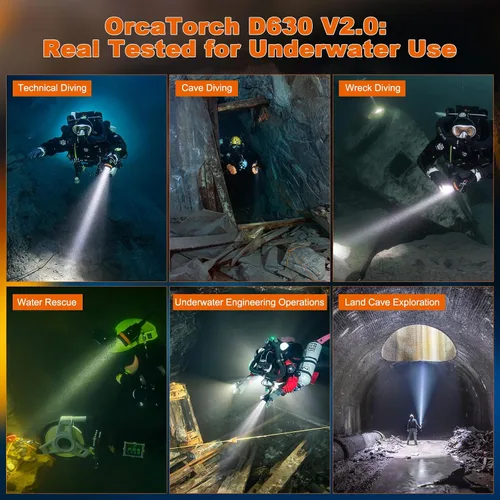 Vista 10 de ORCATORCH D630 V2.0 4600 lúmenes - Luz de buceo con recipiente primario 7° Narrow Beam, 5 CREE LEDs, Adjustable Cable Angle (90°–180°), Side Mount