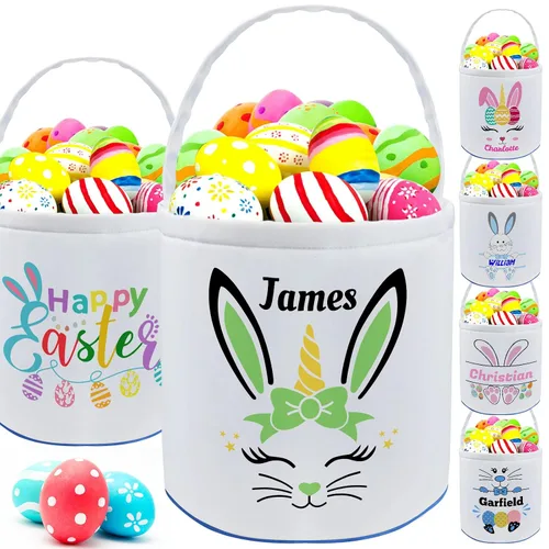 Vista 25 de Cesta de Pascua personalizada con nombre para niñas, niños y niños, cesta de Pascua personalizada bolsas de regalo para caza de huevos de Pascua