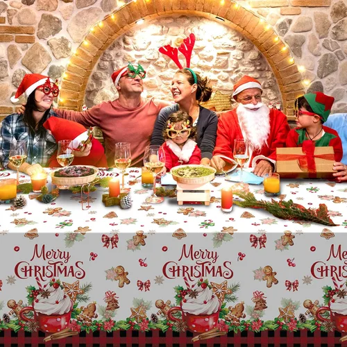 Vista 7 de 3 piezas de manteles de fiesta Feliz Navidad a cuadros de búfalo de pan de jengibre, cubierta de mesa rectangular de plástico rojo y negro a cuadros