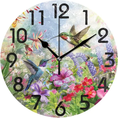 Vista 15 de Spring Hummingbird - Reloj de pared redondo con estampado de flores, 9.5 pulgadas, funciona con pilas, reloj de escritorio analógico silencioso