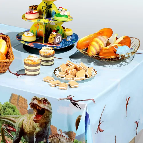 Vista 6 de Tiamon 3 Piezas Manteles de Dinosaurio Cubiertas de Mesa para Fiestas de Dinosaurio Manteles de Plástico para Niños Adultos Suministros para Fiestas