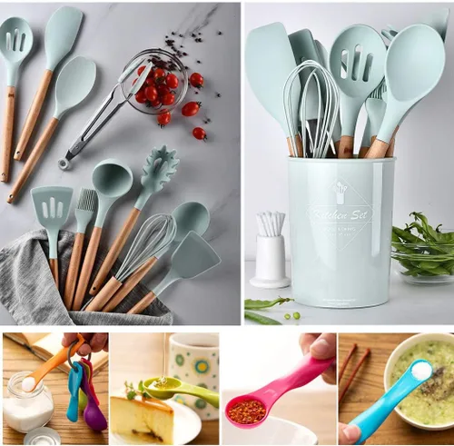 Vista 5 de Juego de 17 utensilios de silicona con mango de madera, resistente al calor, utensilios de cocina fáciles de limpiar, herramientas de cocina