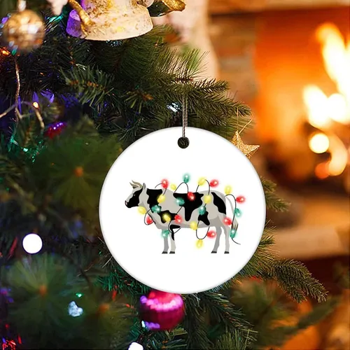 Vista 3 de Adornos para árbol de Navidad, animales y luces, adorno de Navidad de vaca, adorno de recuerdo, decoración del hogar, colgantes colgantes redondos