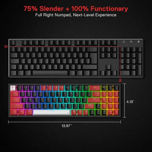 Vista 3 de Redragon K628 PRO - Teclado mecánico compacto con 75 de 3 modos 78 teclas teclado mecánico compacto intercambiable en caliente con enchufe PCB