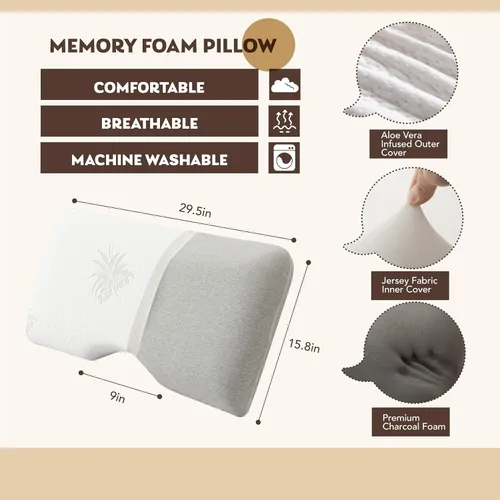 Vista 2 de EGOHOME Almohada cervical para el cuello, almohada de espuma viscoelástica de aloe vera, 30 x 16 pulgadas Side Sleeper Pillow for Sleeping