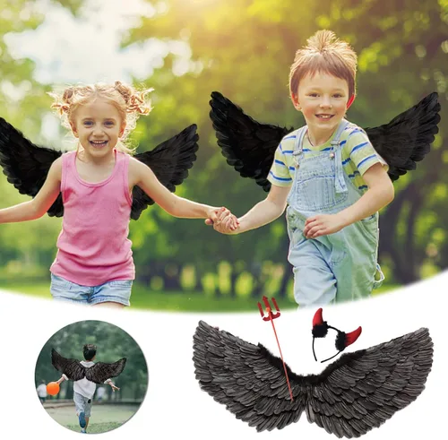 Vista 2 de Angel Wings - Plumas negras para niños alas de ángel para niños adultos cosplay Halloween fiesta regalo de Navidad 16 x 315 pulgadas