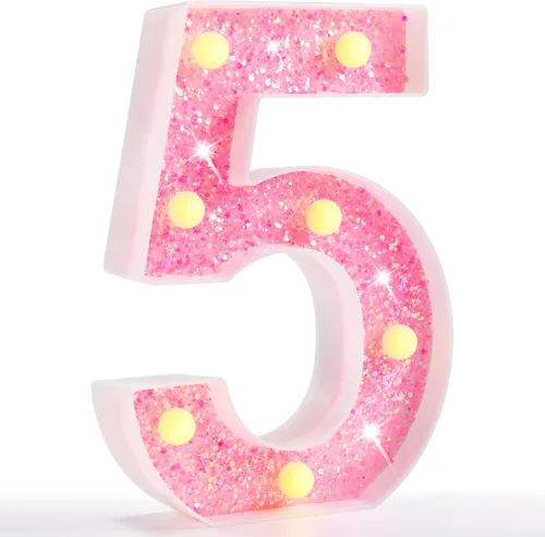 Vista 37 de Pooqla Luces de números de marquesina, números de luz rosa para niñas de 10.º cumpleaños, funciona con pilas, luz nocturna de número con purpurina