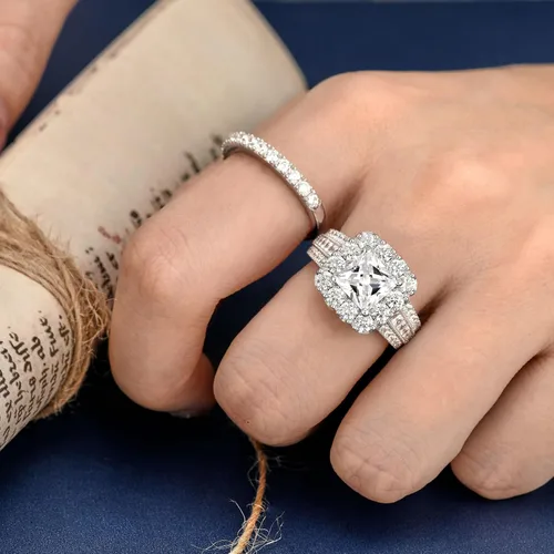 Vista 4 de Sheloves - Juego de anillos de compromiso de boda con halo de princesa AAAAA CZ para mujer, plata de ley 925 5-10