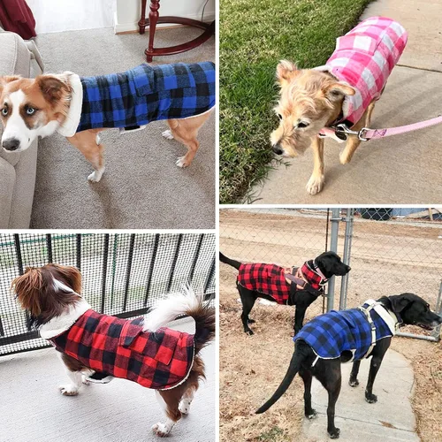 Vista 4 de Malier Chaqueta clásica de forro polar a cuadros con bolsillo, abrigo cálido a prueba de viento para perro, chaleco de invierno para mascotas, ropa