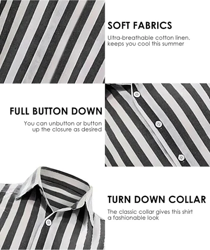 Vista 4 de Camisas de lino de algodón a rayas para hombre, camisas de manga corta con botones, camisa casual de verano para la playa