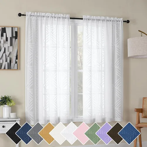 Vista 32 de Simplebrand Cortinas traslúcidas negras de cocina de 24 pulgadas de largo, 2 paneles, filtrado de luz, geométrico jacquard con textura, cortinas