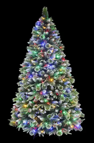 Vista 2 de Árbol de Navidad de pino flocado súper doble preiluminado con luces LED que cambian de color (5 pies preiluminado)