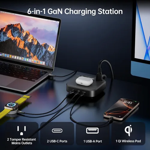 Vista 2 de Estación de carga Teleadapt 67W, estación de carga para iPhone 6 en 1 con puerto USB Wireless Charging, 2× AC Outlets, Desktop/Bedside/Nightstand