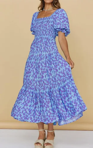 Vista 4 de PRETTYGARDEN Vestidos de verano con estampado floral bohemio para mujer, cuello cuadrado, manga abombada, acampanado, vestido largo casual fruncido