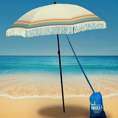 Vista 21 de Sombrilla de playa para arena, resistente al viento, con bolsa de anclaje de arena, portátil, flecos, bolsa de mezclilla, cuenta con parte inferior