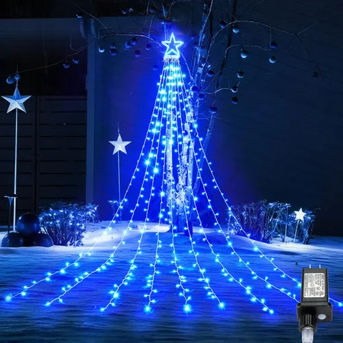 Vista 11 de BlcTec Luces de Navidad para exteriores, 317 luces LED de estrella de Navidad con 9 hebras de luces de árbol de cascada de 11.9 pies, 8 modos