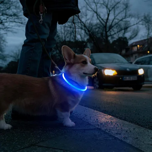 Vista 6 de HIGO Collar de perro con luz LED, recargable por USB, que brilla en la oscuridad, collar de seguridad para mascotas cortable de TPU para pasear Azul