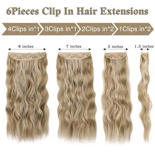 Vista 2 de WECAN Extensión de cabello con clip, de 20 pulgadas, mezcla de rubio ceniza y rubio decolorado, 6 piezas, extensiones de cabello largo ondulado