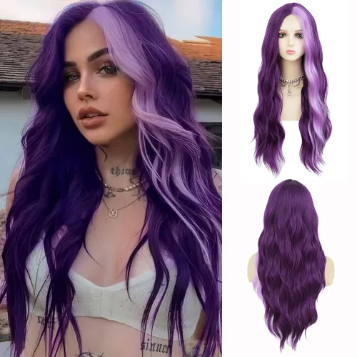 Vista 15 de Pelucas largas rizadas y onduladas de Dai Cloud, con cabello negro y reflejos blancos, de pelo sintético, resistente al calor, para mujer, para uso
