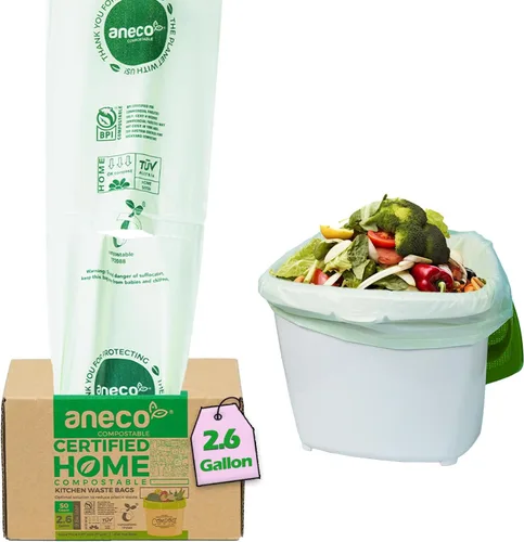 Vista 14 de ANECO Bolsas de basura 100% compostables para el hogar (bolsas de basura de 1.6 galones, 50 unidades), pequeñas bolsas de compost de cocina