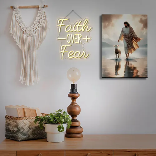 Vista 4 de WLHOPE Letrero de neón con texto en inglés "Faith Over Fear", versículos de la Biblia, para decoración de pared, luces LED cristianas, luces