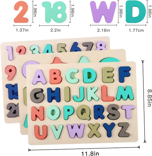 Vista 7 de Rompecabezas de madera para niños pequeños, rompecabezas de madera con forma de números del alfabeto, juguetes de aprendizaje para niños de 3, 4, 5