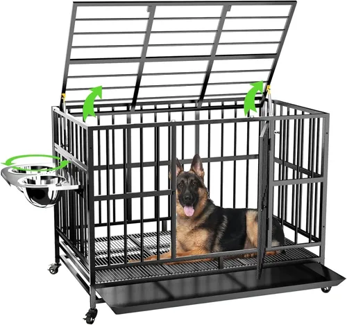 Vista 9 de LOVMOR Jaula para perros resistente de 37 pulgadas con ruedas/varilla de elevación de aire única, 360° y 2 cuencos ajustables, jaula para perros