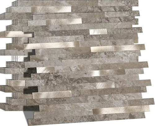 Vista 10 de KASARO - Azulejos de 1 hoja para pelar y pegar para salpicaduras de cocina, mármol beige con rayas doradas antiguas, azulejo autoadhesivo