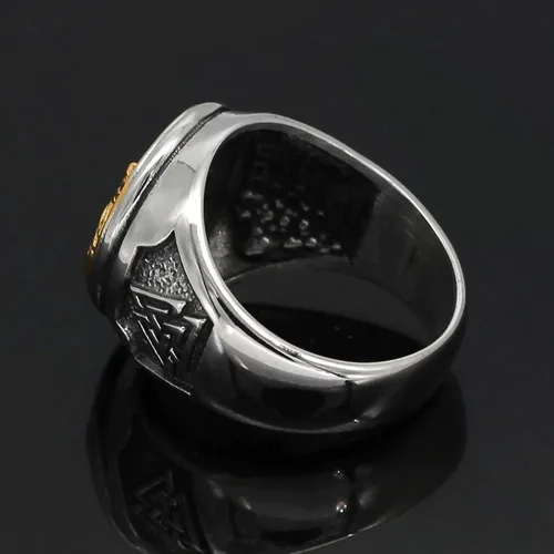 Vista 4 de Fantasy Forge Jewelry Norse Fenrir - Anillo de sello para hombre, de acero inoxidable, oro y lobo vikingo, tallas 9-13