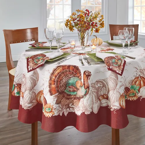 Vista 2 de Elrene Home Fashions Mantel Navideño con Borde de Pavo de Otoño Resistente a las Arrugas, Cubierta de Mesa de Comedor de Temporada, 70" Redondo