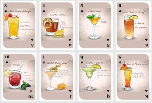 Vista 3 de Naipes para beber. Naipes con recetas de cócteles. Naipes de fiesta. Naipes estándar. Cartas de póquer. Cartas de puente.