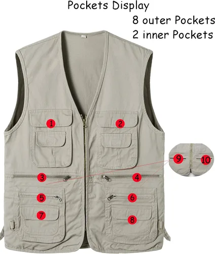 Vista 5 de Chaleco de pesca para hombre con múltiples bolsillos, sin mangas, chaleco de caza, safari, viajes, al aire libre, chaleco casual
