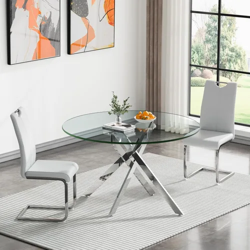 Vista 90 de HomVent Juego de mesa de comedor redonda de vidrio de 3 piezas, juego de mesa de cocina de vidrio redondo para 2 personas con 2 sillas de comedor