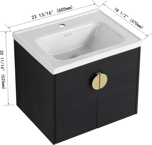 Vista 3 de LKTART Vanidad flotante de baño de 24 pulgadas con puertas de cierre suave y fregadero de cerámica para baño pequeño, color negro