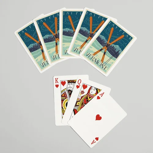 Vista 7 de Jay Peak, Vermont, Cross Skis, Letterpress (52 cartas de juego, baraja de cartas de tamaño póker con comodines)