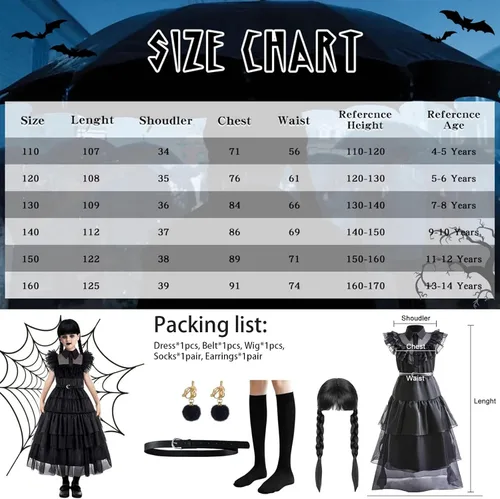 Vista 5 de Wednesday Addams - Vestido de Merlina para niñas, disfraz de Halloween con guantes, cinturón y calcetines, vestido de fiesta de cosplay familiar