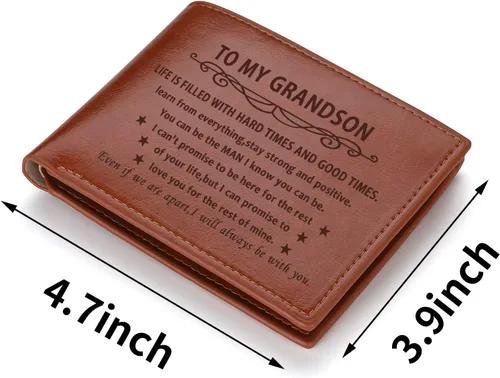 Vista 2 de YDJFCCTD Carteras de cuero grabadas para nietos y hombres, billeteras grabadas para hombre, regalos de cumpleaños para nieto, Grandson, Genial